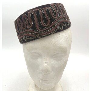 Vintage Brown Midi Velvet Hat Beaded Trim Made In France Unique Handmade Design
